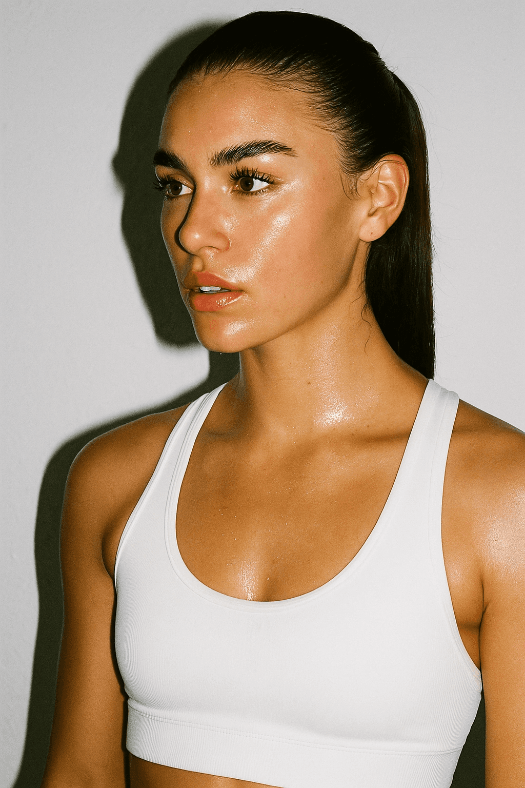 side profile of a pretty young woman wearing a white sports tanktop