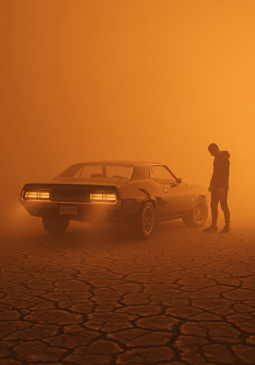 early model muscle car with a figure standing next to it in an orange haze