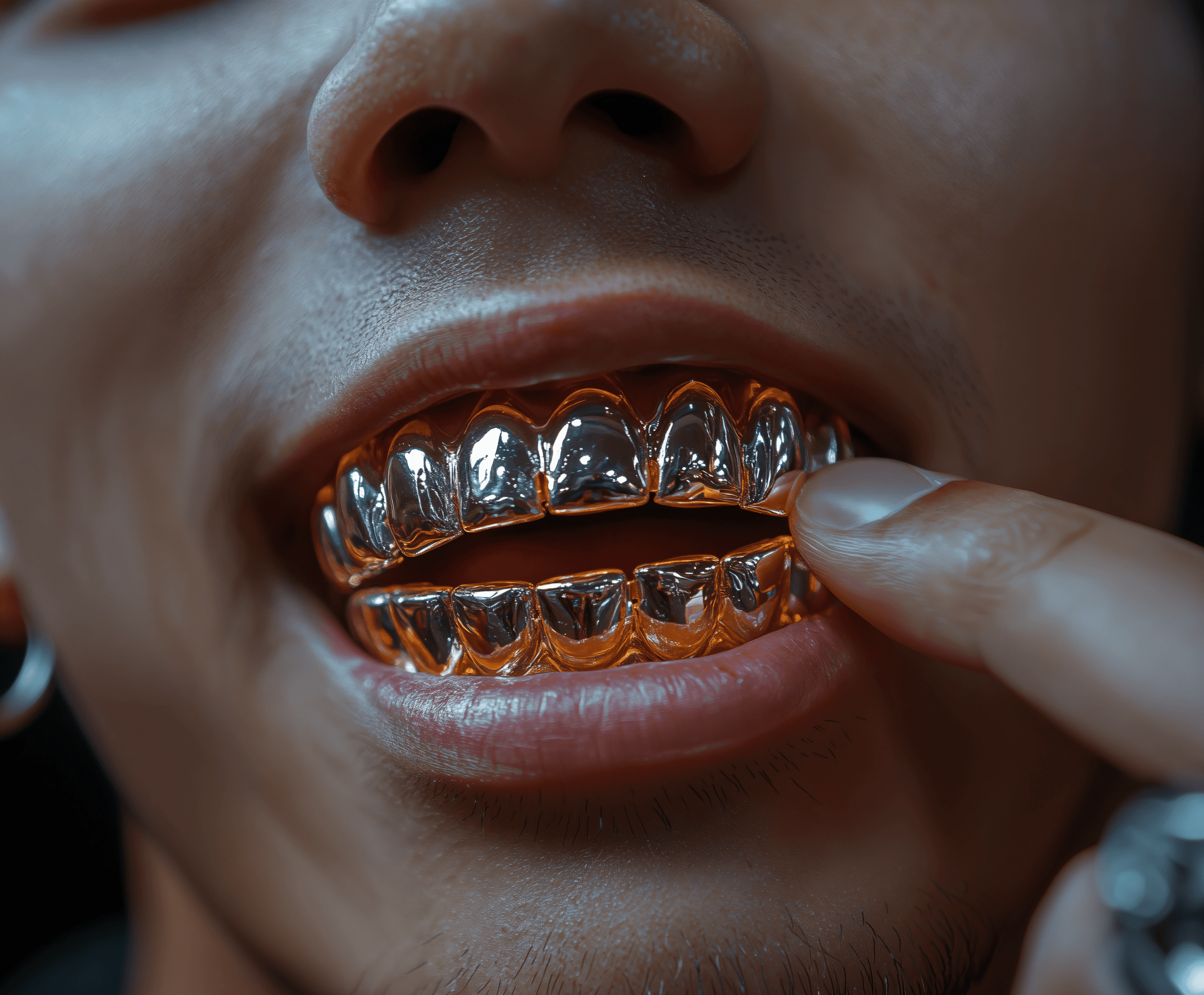 close-up of a mouth with metal grills covering teeth