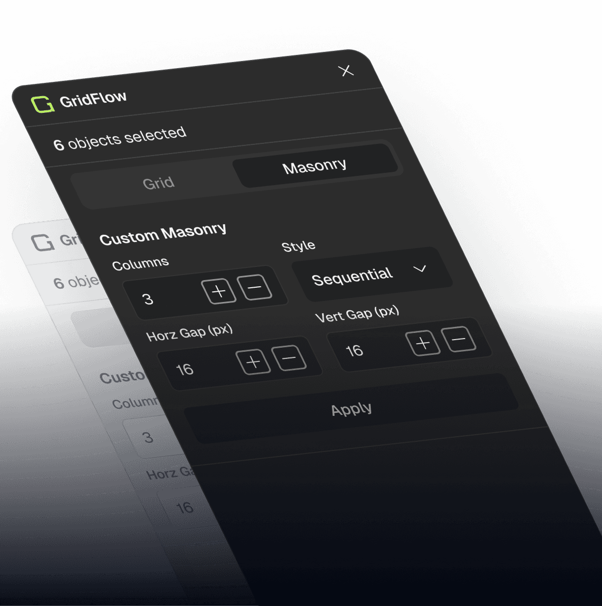 perspective view of the gridflow plugin interface showing masonry layout options