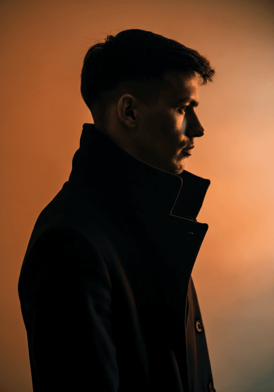 side profile silhouette of mysterious male wearing a trench coat